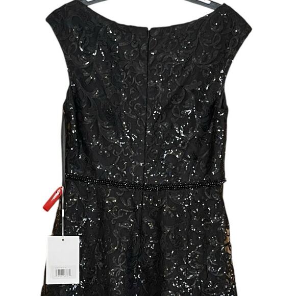 Mac Duggal NEW Size 12 Black Sequined V Neck Cap Sleeve Midi Dress Style A68012 - Picture 9 of 11